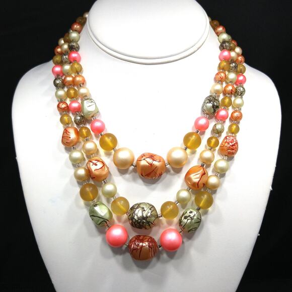 Vintage Japan Art Bead Necklace, Three Strands, 1950s, 17" - Picture 2 of 10